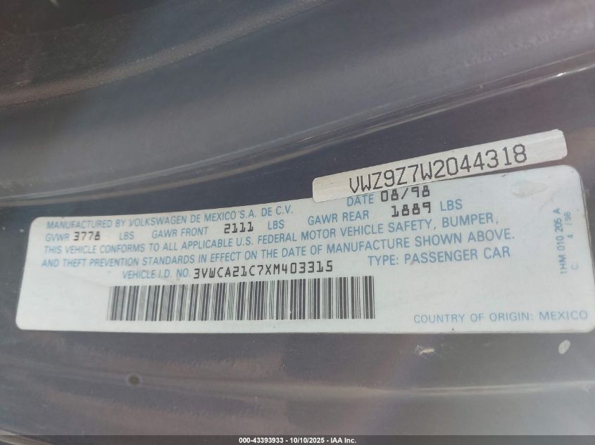 1999 Volkswagen New Beetle Gls VIN: 3VWCA21C7XM403315 Lot: 43393933