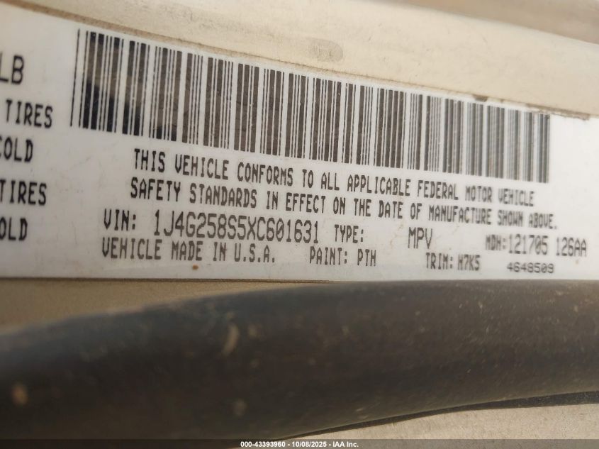 1999 Jeep Grand Cherokee Laredo VIN: 1J4G258S5XC601631 Lot: 43393960