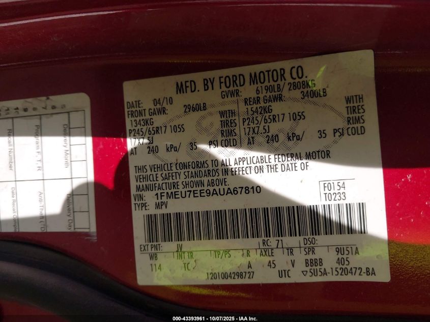 2010 Ford Explorer Eddie Bauer VIN: 1FMEU7EE9AUA67810 Lot: 43393961