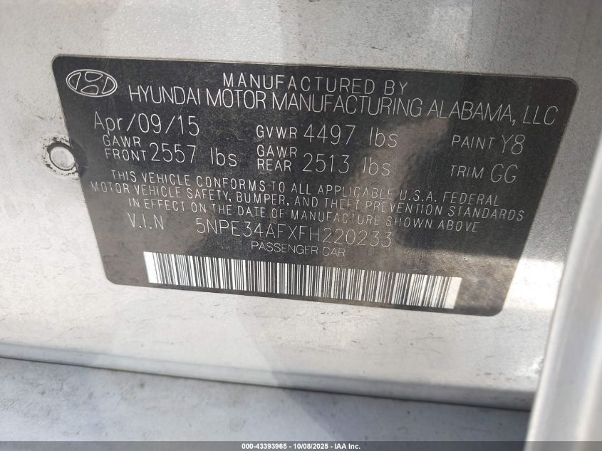 2015 Hyundai Sonata Limited VIN: 5NPE34AFXFH220233 Lot: 43393965