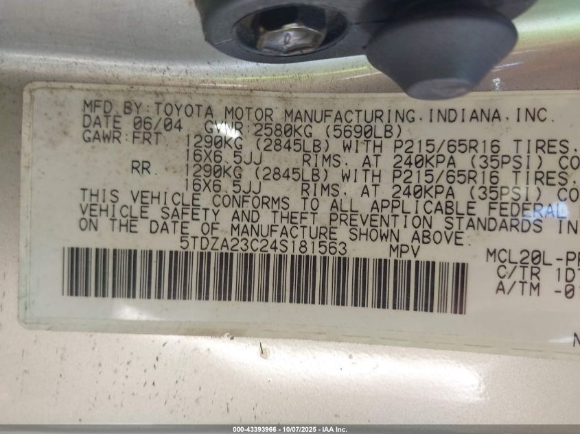 2004 Toyota Sienna Le VIN: 5TDZA23C24S181563 Lot: 43393966