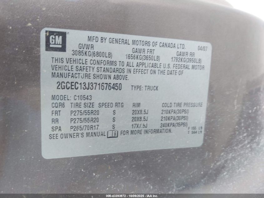 2007 Chevrolet Silverado 1500 Lt1 VIN: 2GCEC13J371676450 Lot: 43393972