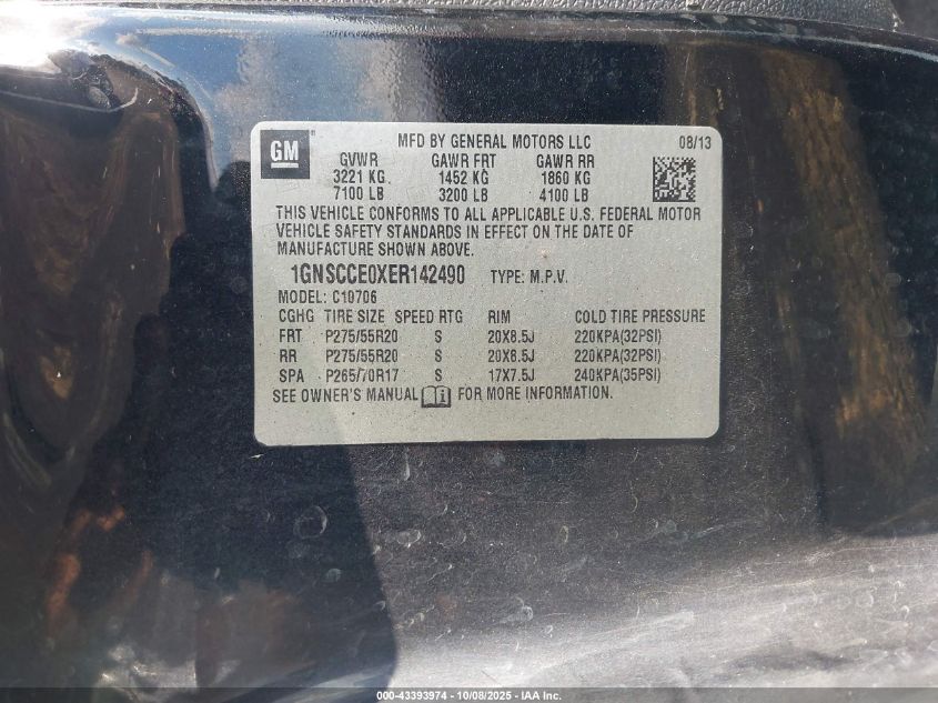 2014 Chevrolet Tahoe Ltz VIN: 1GNSCCE0XER142490 Lot: 43393974