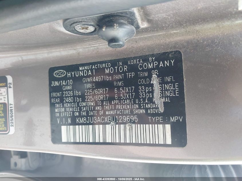 2011 Hyundai Tucson Gls VIN: KM8JU3ACXBU129695 Lot: 43393980