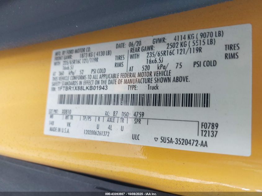 2020 Ford Transit-250 VIN: 1FTBR1X88LKB01943 Lot: 43393987