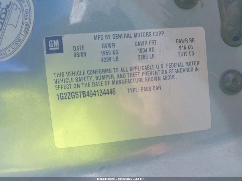 2009 Pontiac G6 VIN: 1G2ZG57B494134446 Lot: 43393990