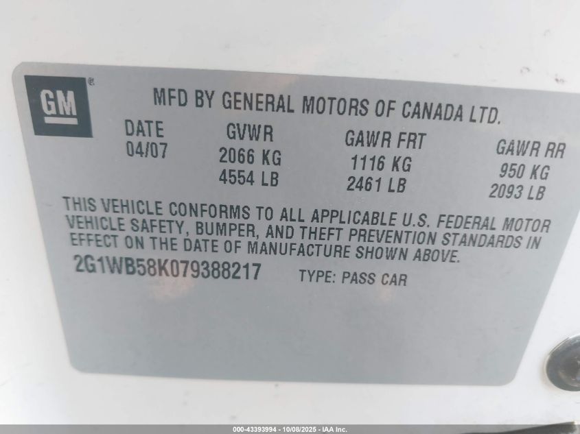 2007 Chevrolet Impala Ls VIN: 2G1WB58K079388217 Lot: 43393994