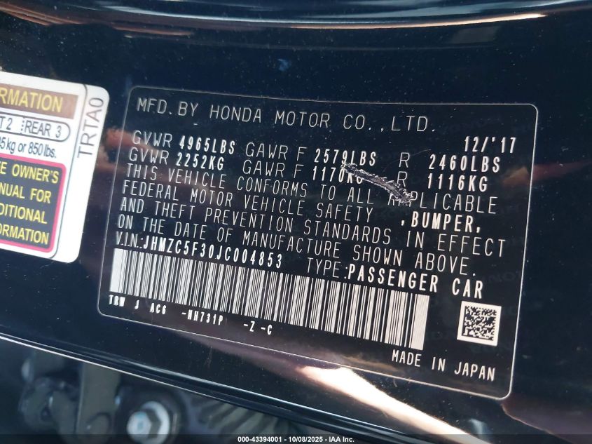 2018 Honda Clarity Plug-In Hybrid Touring VIN: JHMZC5F30JC004853 Lot: 43394001