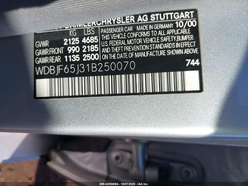 2001 Mercedes-Benz E 320 VIN: WDBJF65J31B250070 Lot: 43394004