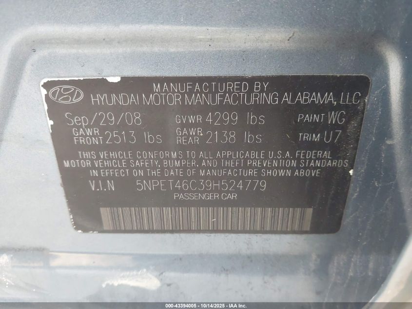 2009 Hyundai Sonata Gls VIN: 5NPET46C39H524779 Lot: 43394005