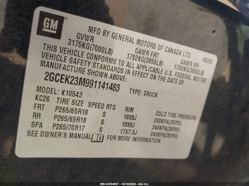 2009 Chevrolet Silverado 1500 Lt VIN: 2GCEK23M991141483 Lot: 43394007