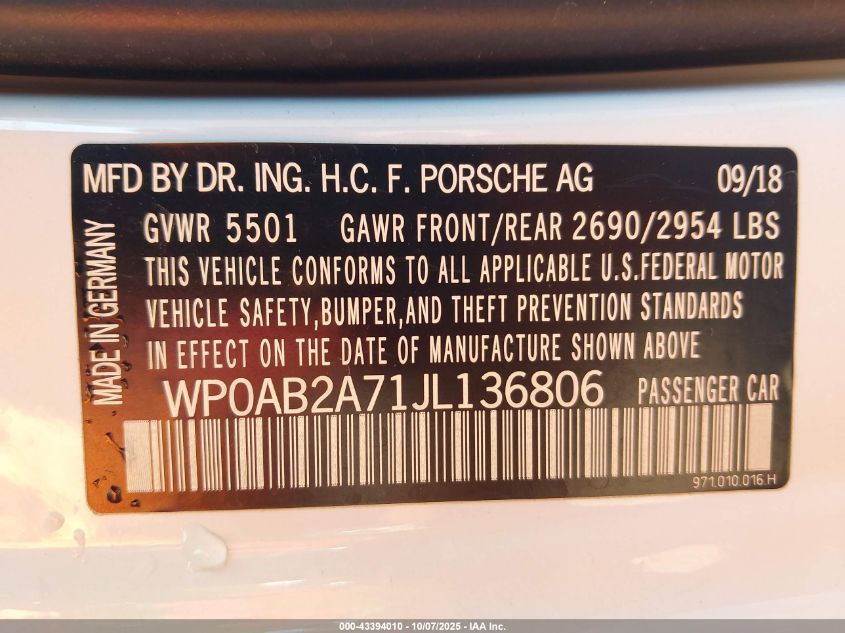 2018 Porsche Panamera 4S VIN: WP0AB2A71JL136806 Lot: 43394010