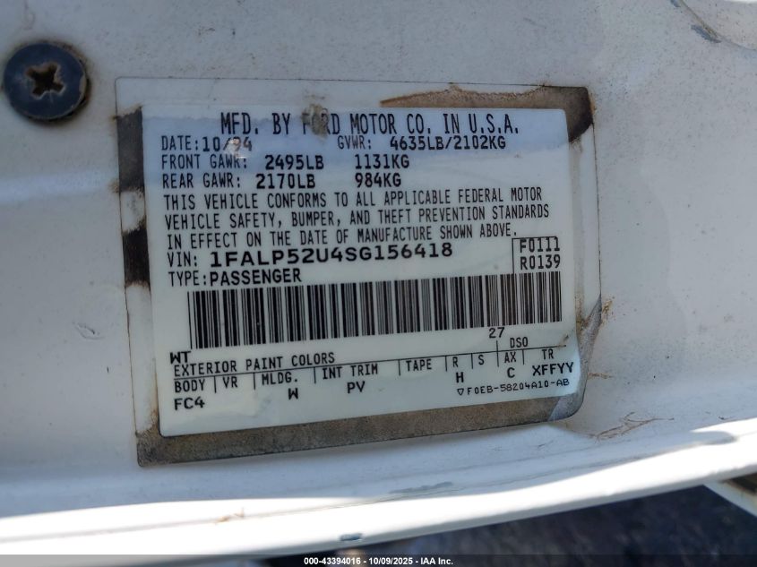1995 Ford Taurus Gl/Se VIN: 1FALP52U4SG156418 Lot: 43394016
