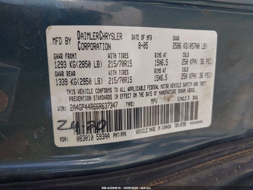 2006 Chrysler Town & Country Lx VIN: 2A4GP44R66R637347 Lot: 43394019