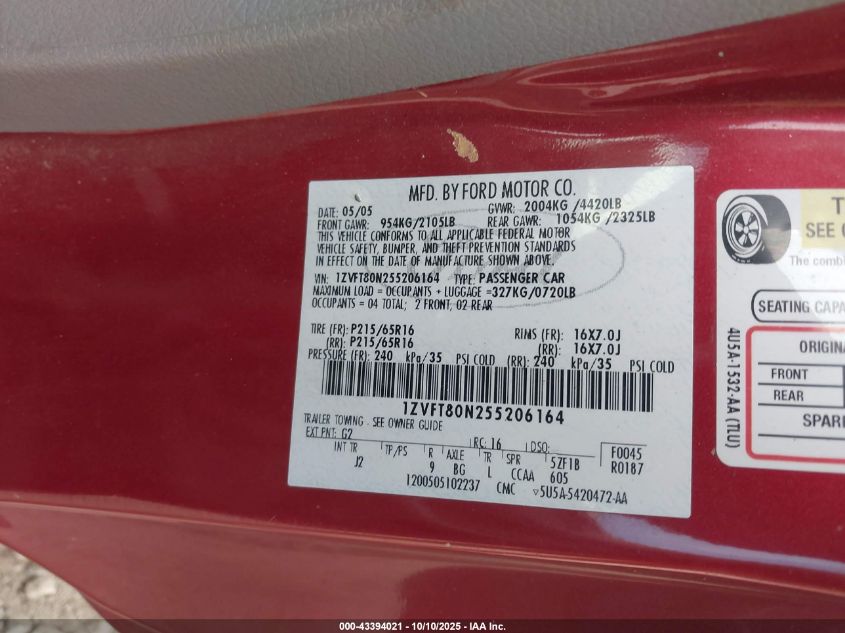 2005 Ford Mustang V6 Deluxe/V6 Premium VIN: 1ZVFT80N255206164 Lot: 43394021
