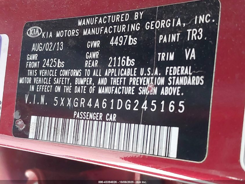 2013 Kia Optima Sx VIN: 5XXGR4A61DG245165 Lot: 43394026