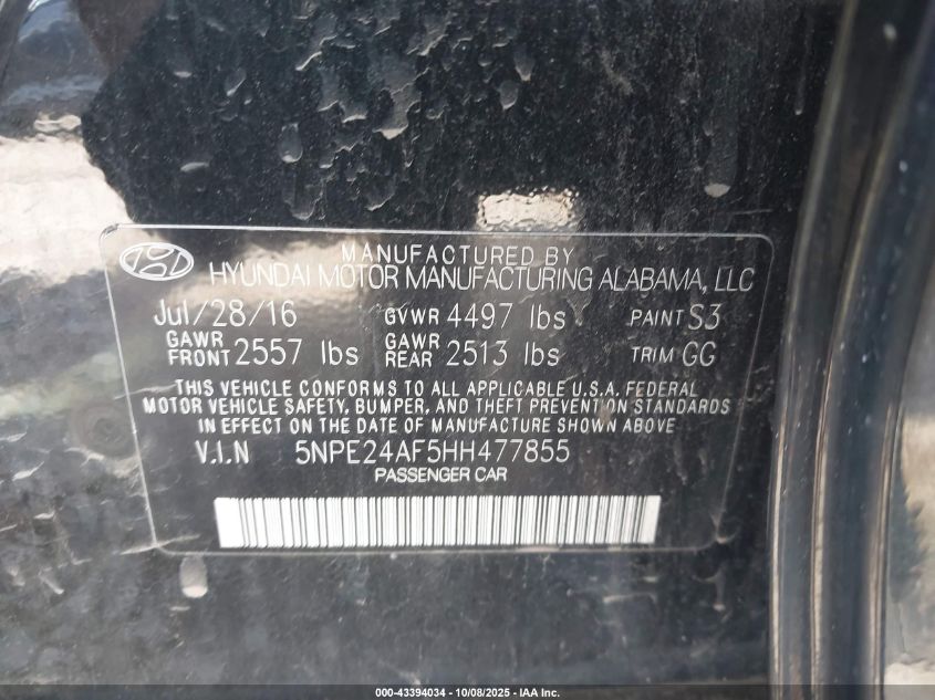 2017 Hyundai Sonata Se VIN: 5NPE24AF5HH477855 Lot: 43394034
