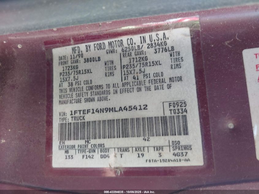 1991 Ford F150 VIN: 1FTEF14N9MLA45412 Lot: 43394035