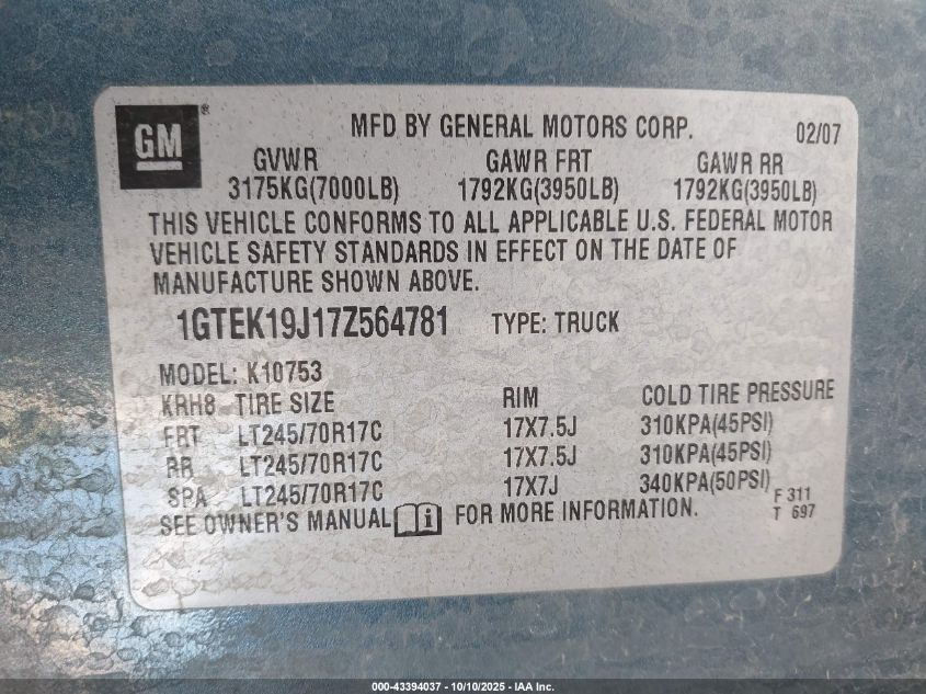 2007 GMC Sierra 1500 Slt VIN: 1GTEK19J17Z564781 Lot: 43394037