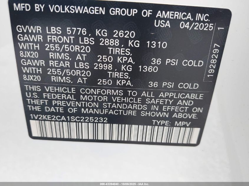 2025 Volkswagen Atlas Cross Sport 2.0T Se W/Technology VIN: 1V2KE2CA1SC225232 Lot: 43394040
