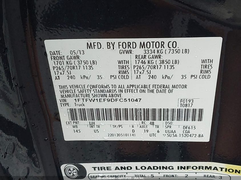 2013 Ford F-150 Xlt VIN: 1FTFW1EF9DFC51047 Lot: 43394045