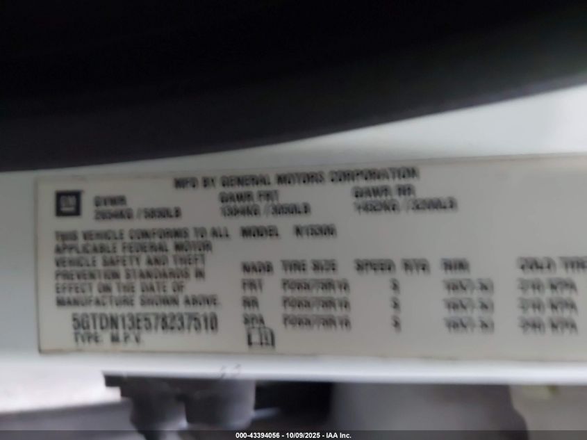 2007 Hummer H3 Suv VIN: 5GTDN13E578237510 Lot: 43394056