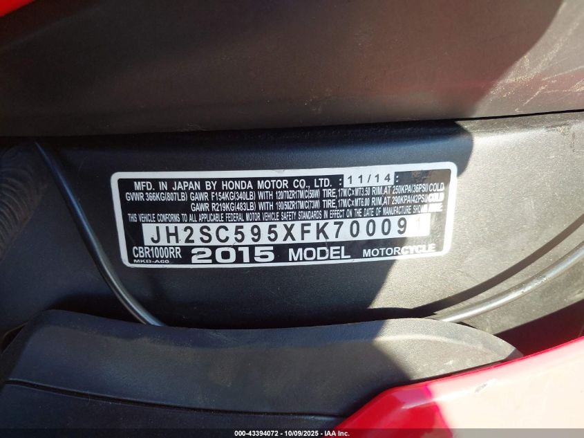 2015 Honda Cbr1000 Rr VIN: JH2SC595XFK700091 Lot: 43394072