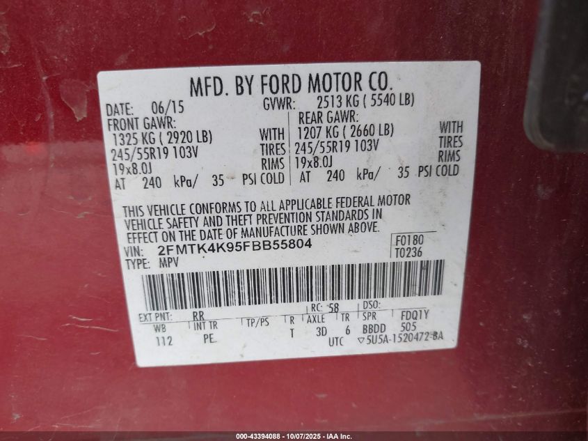 2015 Ford Edge Titanium VIN: 2FMTK4K95FBB55804 Lot: 43394088