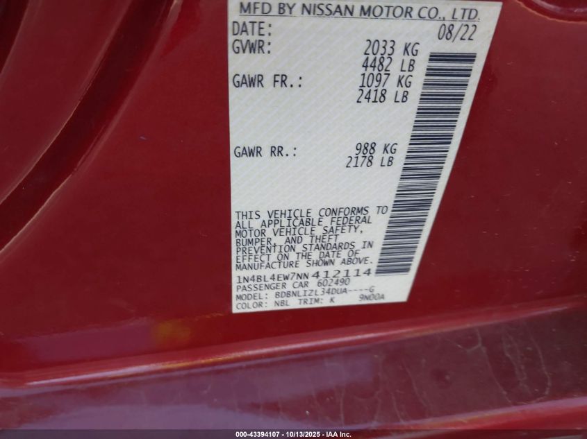 2022 Nissan Altima Sl Intelligent Awd VIN: 1N4BL4EW7NN412114 Lot: 43394107