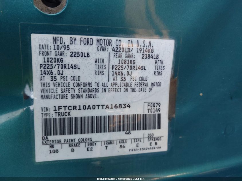 1996 Ford Ranger VIN: 1FTCR10A0TTA16834 Lot: 43394106