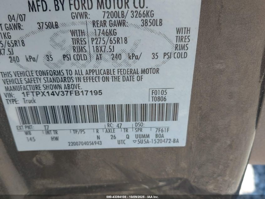 2007 Ford F-150 Fx4/Lariat/Xl/Xlt VIN: 1FTPX14V37FB17195 Lot: 43394108
