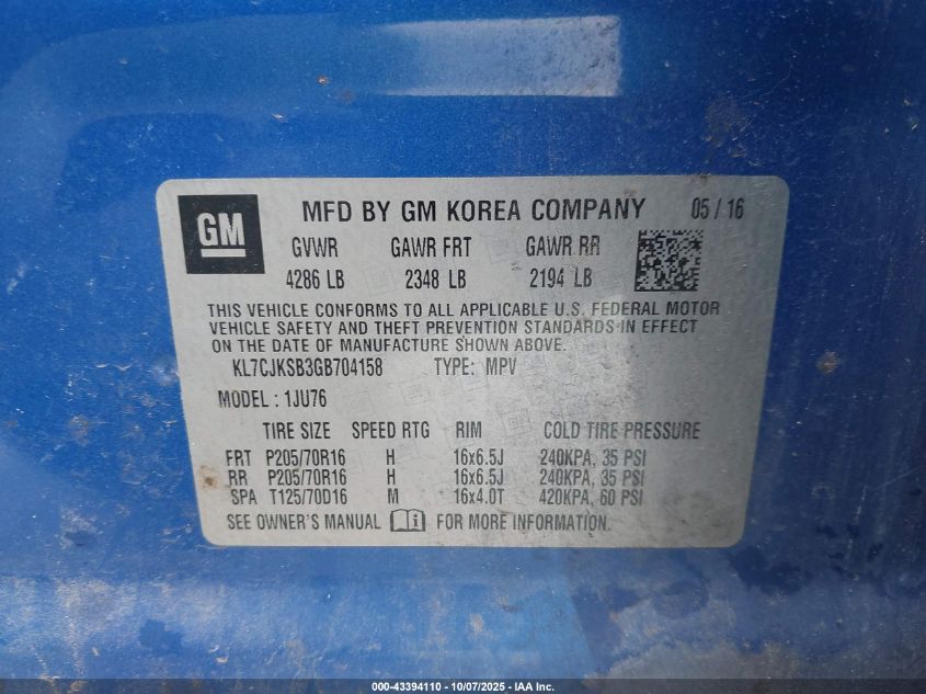 2016 Chevrolet Trax 1Ls VIN: KL7CJKSB3GB704158 Lot: 43394110