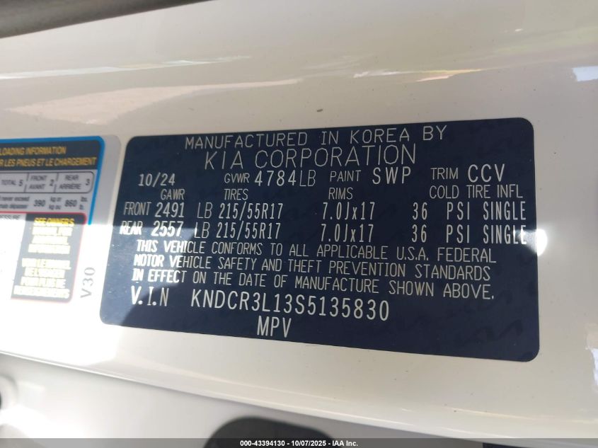 2025 Kia Niro Ev Wind VIN: KNDCR3L13S5135830 Lot: 43394130