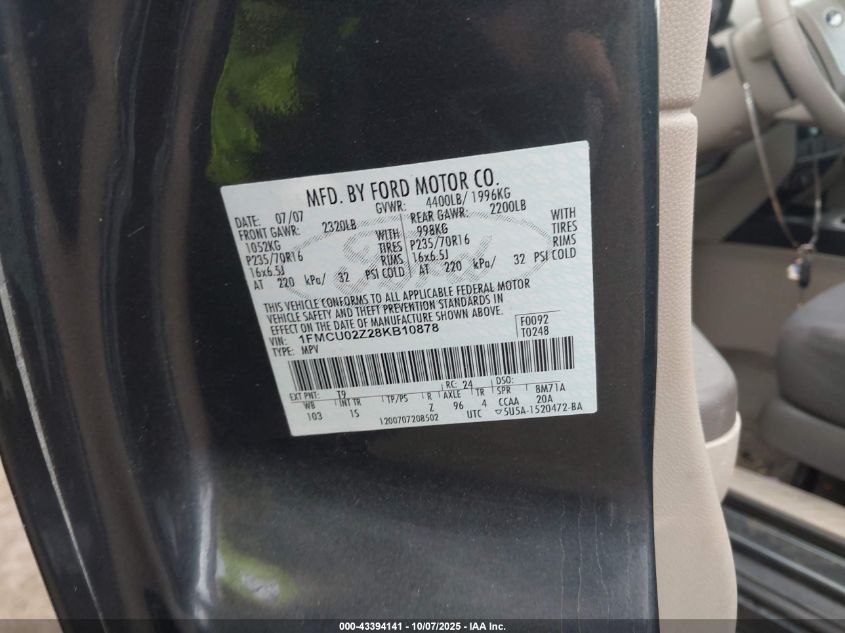 2008 Ford Escape Xls/Xls Manual VIN: 1FMCU02Z28KB10878 Lot: 43394141