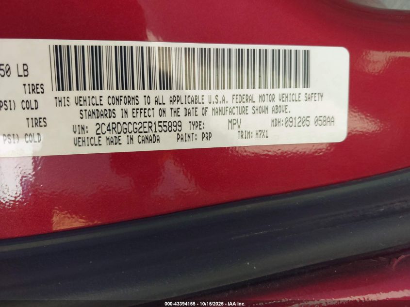 2014 Dodge Grand Caravan Sxt VIN: 2C4RDGCG2ER155899 Lot: 43394155