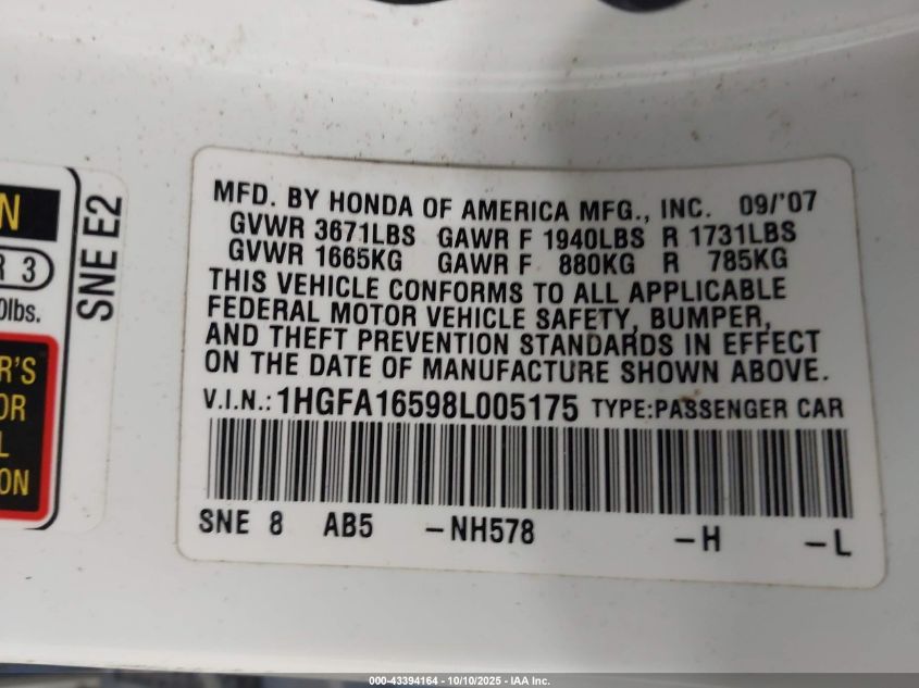 2008 Honda Civic Lx VIN: 1HGFA16598L005175 Lot: 43394164