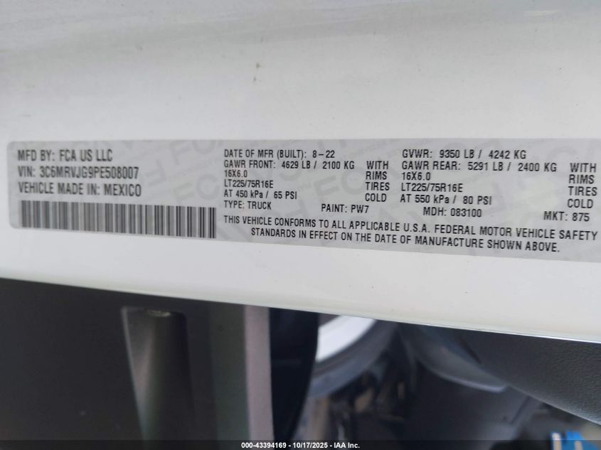 2023 Ram Promaster 3500 Cargo Van High Roof 159 Wb Ext VIN: 3C6MRVJG9PE508007 Lot: 43394169