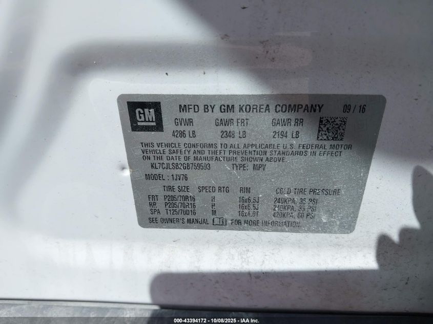 2016 Chevrolet Trax Lt VIN: KL7CJLSB2GB759593 Lot: 43394172