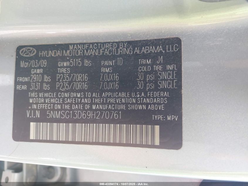 2009 Hyundai Santa Fe Gls VIN: 5NMSG13D69H270761 Lot: 43394174