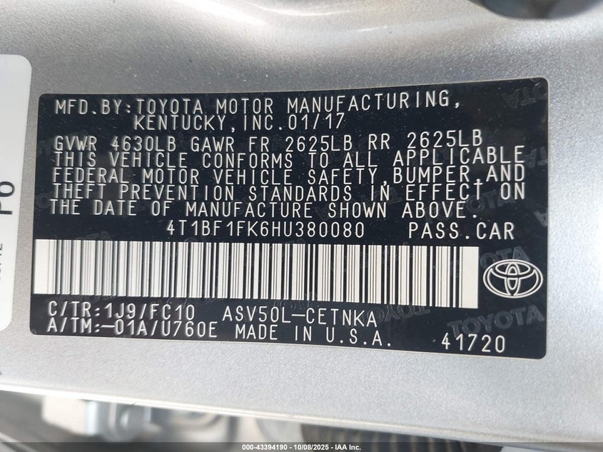 2017 Toyota Camry Le VIN: 4T1BF1FK6HU380080 Lot: 43394190