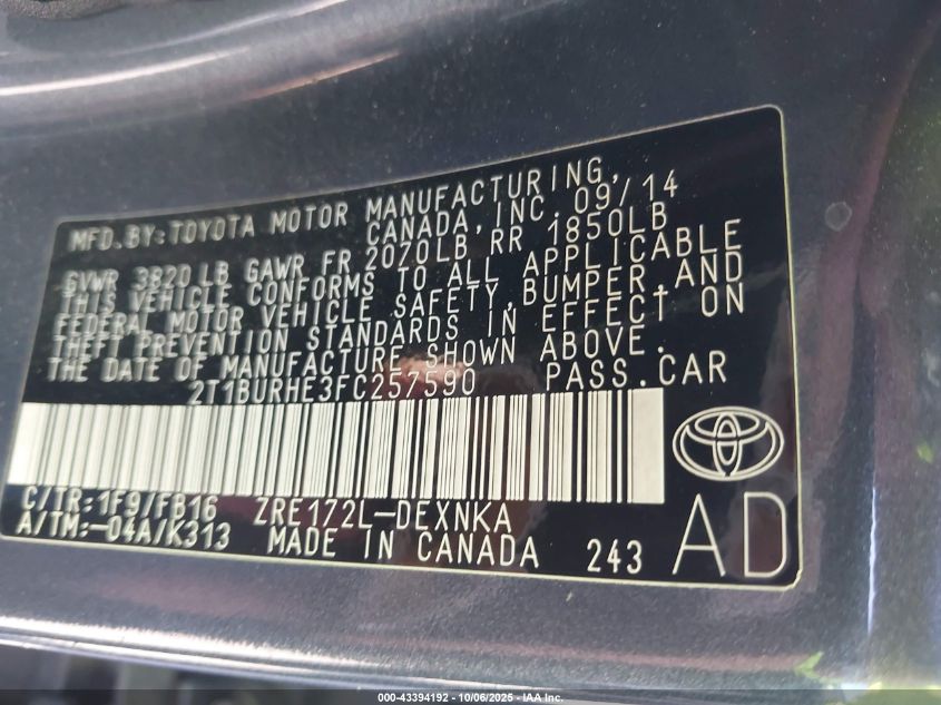 2015 Toyota Corolla Le VIN: 2T1BURHE3FC257590 Lot: 43394192