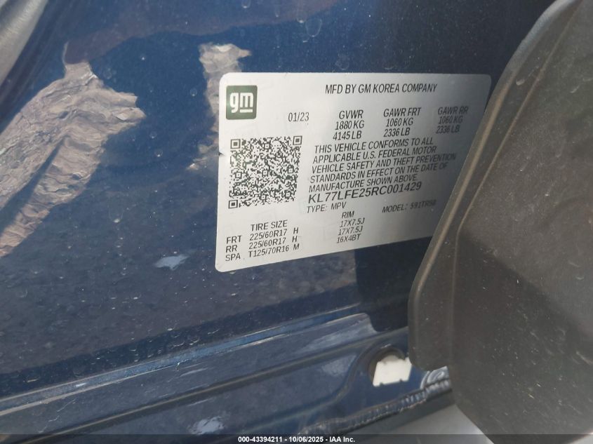 2024 Chevrolet Trax Fwd Sp VIN: KL77LFE25RC001429 Lot: 43394211