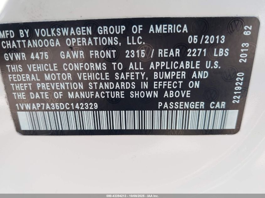 2013 Volkswagen Passat 2.5L Wolfsburg Edition VIN: 1VWAP7A35DC142329 Lot: 43394213