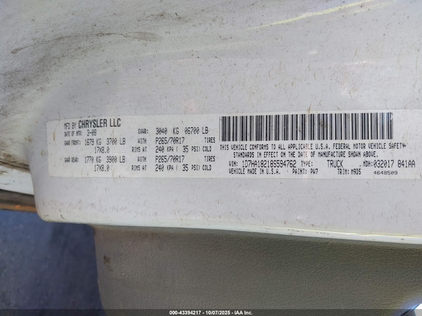 2008 Dodge Ram 1500 Slt VIN: 1D7HA18218S594762 Lot: 43394217