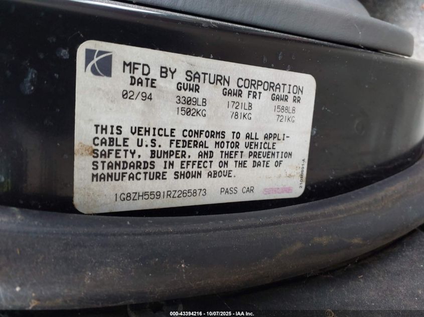 1994 Saturn Sl1 VIN: 1G8ZH5591RZ265873 Lot: 43394216