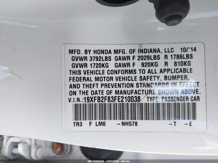 2015 Honda Civic Ex VIN: 19XFB2F83FE210038 Lot: 43394226