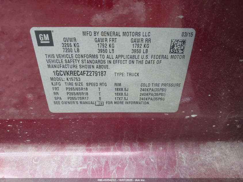 2015 Chevrolet Silverado 1500 2Lt VIN: 1GCVKREC4FZ279187 Lot: 43394232