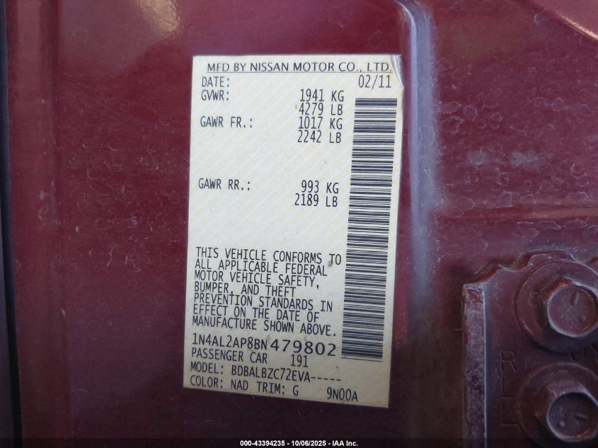 2011 Nissan Altima 2.5 S VIN: 1N4AL2AP8BN479802 Lot: 43394235