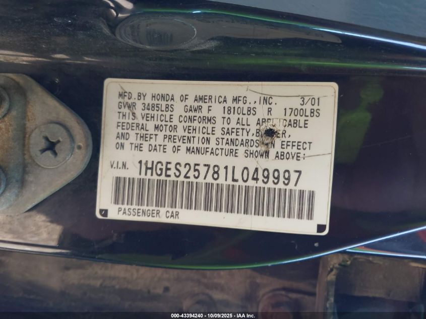 2001 Honda Civic Ex VIN: 1HGES25781L049997 Lot: 43394240