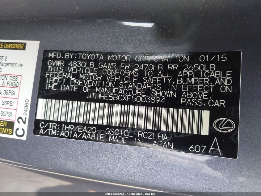 2015 Lexus Rc 350 VIN: JTHHE5BCXF5003894 Lot: 43394245